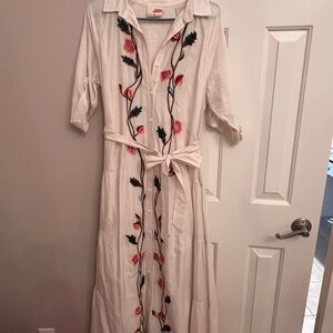 Anthropologie Floral Embroidered Cream Maxi Dress